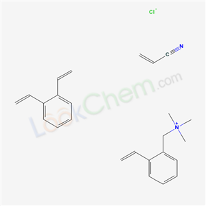 65899-94-7,Benzenemethanaminium, ar-ethenyl-N,N,N-trimethyl-, chloride, polymer with diethenylbenzene and 2-propenenitrile,Benzenemethanaminium,ar-ethenyl-N,N,N-trimethyl-,chloride (1:1),polymer with diethenylbenzene and 2-propenenitrile;Benzenemethanaminium,ar-ethenyl-N,N,N-trimethyl-,chloride,polymer with diethenylbenzene and 2-propenenitrile;(2-ethenylphenyl)methyl-trimethylazanium;trimethyl-[(2-vinylphenyl)methyl]ammonium;