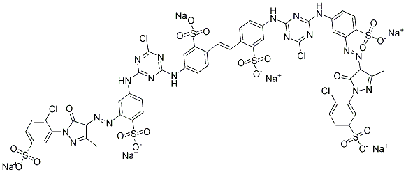 85959-11-1,hexasodium 4,4'-bis[[4-chloro-6-[[3-[[1-(2-chloro-5-sulphonatophenyl)-4,5-dihydro-3-methyl-5-oxo-1H-pyrazol-4-yl]azo]-4-sulphonatophenyl]amino]-1,3,5-triazin-2-yl]amino]stilbene-2,2'-disulphonate,Hexasodium 5-[[4-chloro-6-[3-[[1-(2-chloro-5-sulfonatophenyl)-3-methyl-5-oxo-4H-pyrazol-4-yl]diazenyl]-4-sulfonatoanilino]-1,3,5-triazin-2-yl]amino]-2-[(E)-2-[4-[[4-chloro-6-[3-[[1-(2-chloro-5-sulfonatophenyl)-3-methyl-5-oxo-4H-pyrazol-4-yl]diazenyl]-4-sulfonatoanilino]-1,3,5-triazin-2-yl]amino]-2-sulfonatophenyl]ethenyl]benzenesulfonate;