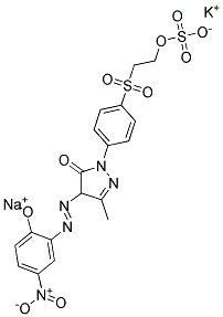 2,4-Dihydro-4-((2-hydroxy-5-nitrophenyl)azo)-5-methyl-2-(4-((2-(sulphooxy)ethyl)sulphonyl)phenyl)-3H-pyrazol-3-one, potassium sodiumsalt