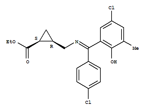 Molecular Structure of 104775-20-4 (Cyclopropanecarboxylicacid,2-[[[(5-chloro-2-hydroxy-3-methylphenyl)(4-chlorophenyl)methylene]amino]methyl]-,ethyl ester, cis- (9CI))