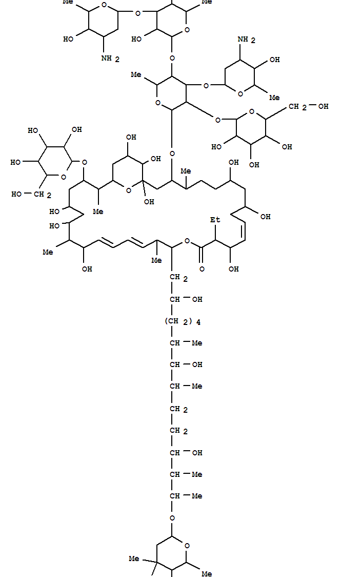 Molecular Structure of 107021-82-9 (16,35-Dioxabicyclo[29.3.1]pentatriaconta-11,19,21-trien-15-one,3-[[O-3-amino-2,3,6-trideoxy-b-D-arabino-hexopyranosyl-(1®3)-O-[O-3-amino-2,3,6-trideoxy-b-D-arabino-hexopyranosyl-(1®3)-O-6-deoxy-b-D-glucopyranosyl-(1®4)]-O-[b-D-glucopyranosyl-(1®2)]-6-deoxy-b-D-glucopyranosyl]oxy]-17-[14-[(3-amino-2,3,6-trideoxy-3-C-methyl-a-L-lyxo-hexopyranosyl)oxy]-2,8,12-trihydroxy-7,9,13-trimethylpentadecyl]-14-ethyl-29-(b-D-glucopyranosyloxy)-1,7,9,13,23,25,27,33,34-nonahydroxy-4,18,24,30-tetramethyl-(9C)