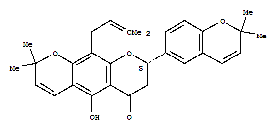 Molecular Structure of 150998-92-8 (2H,6H-Benzo[1,2-b:5,4-b']dipyran-6-one,8-(2,2-dimethyl-2H-1-benzopyran-6-yl)-7,8-dihydro-5-hydroxy-2,2-dimethyl-10-(3-methyl-2-butenyl)-,(8S)- (9CI))