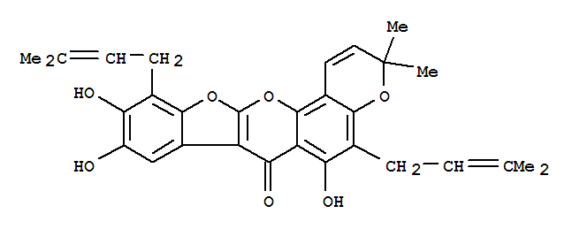 Molecular Structure of 150998-96-2 (3H,7H-Benzofuro[2,3-b]pyrano[2,3-h][1]benzopyran-7-one,6,9,10-trihydroxy-3,3-dimethyl-5,11-bis(3-methyl-2-buten-1-yl)-)
