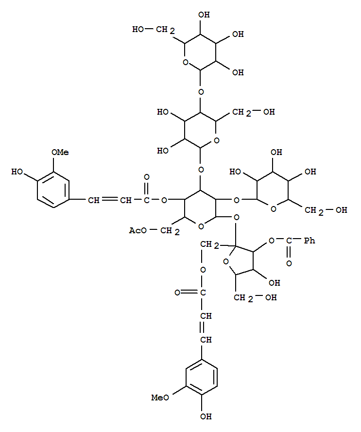 Molecular Structure of 151466-61-4 (a-D-Glucopyranoside,3-O-benzoyl-1-O-[(2E)-3-(4-hydroxy-3-methoxyphenyl)-1-oxo-2-propenyl]-b-D-fructofuranosyl O-b-D-glucopyranosyl-(1®2)-O-[O-b-D-glucopyranosyl-(1®4)-b-D-glucopyranosyl-(1®3)]-, 6-acetate4-[(2E)-3-(4-hydroxy-3-methoxyphenyl)-2-propenoate] (9CI))