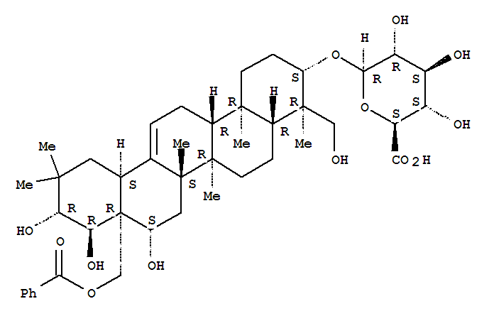 Molecular Structure of 154977-77-2 (b-D-Glucopyranosiduronic acid, (3b,4a,16b,21b,22a)-28-(benzoyloxy)-16,21,22,23-tetrahydroxyolean-12-en-3-yl(9CI))