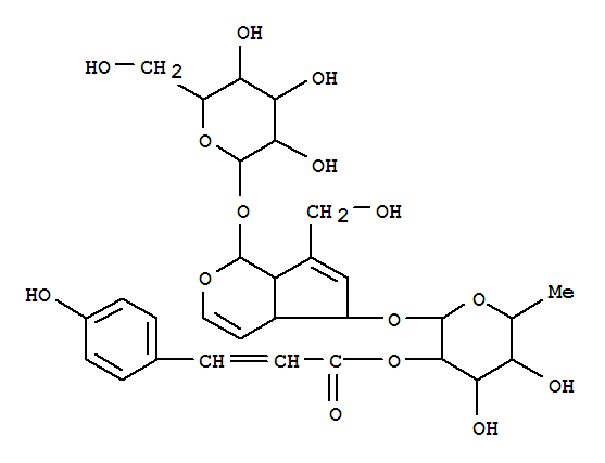 Molecular Structure of 157110-29-7 (b-D-Glucopyranoside,(1S,4aR,5S,7aS)-5-[[6-deoxy-2-O-[(2E)-3-(4-hydroxyphenyl)-1-oxo-2-propenyl]-a-L-mannopyranosyl]oxy]-1,4a,5,7a-tetrahydro-7-(hydroxymethyl)cyclopenta[c]pyran-1-yl(9CI))