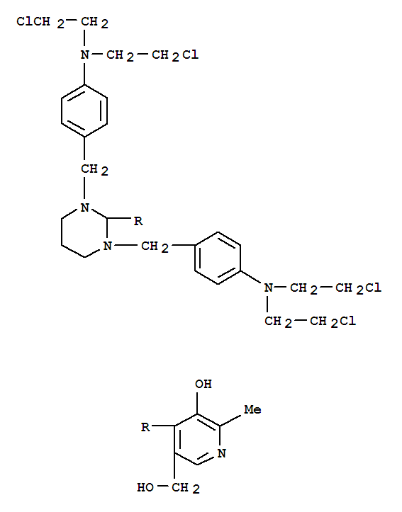 17761-56-7,4-(1,3-bis{4-[bis(2-chloroethyl)amino]benzyl}hexahydropyrimidin-2-yl)-5-(hydroxymethyl)-2-methylpyridin-3-ol,3-Pyridinemethanol,4-[1,3-bis[p-[bis(2-chloroethyl)amino]benzyl]hexahydro-2-pyrimidinyl]-5-hydroxy-6-methyl-(8CI); NSC 94911