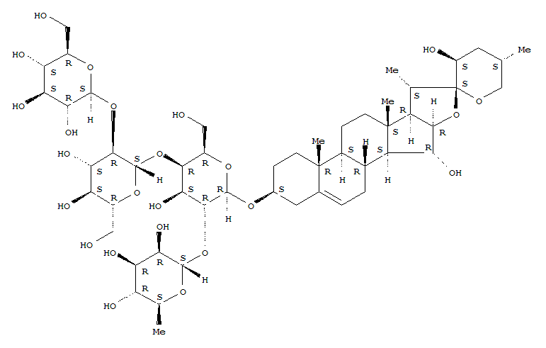 Molecular Structure of 178666-23-4 (b-D-Galactopyranoside, (3b,15a,23S,25S)-15,23-dihydroxyspirost-5-en-3-yl O-6-deoxy-a-L-mannopyranosyl-(1®2)-O-[O-b-D-glucopyranosyl-(1®2)-b-D-glucopyranosyl-(1®4)]- (9CI))