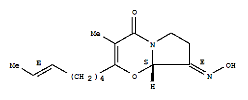 198773-28-3,4H-Pyrrolo[2,1-b][1,3]oxazine-4,8(8aH)-dione,2-(5E)-5-hepten-1-yl-6,7-dihydro-3-methyl-, 8-oxime, (8E,8aS)-,4H-Pyrrolo[2,1-b][1,3]oxazine-4,8(8aH)-dione,2-(5-heptenyl)-6,7-dihydro-3-methyl-, 8-oxime, (E,E)-(-)-;4H-Pyrrolo[2,1-b][1,3]oxazine-4,8(8aH)-dione,2-(5E)-5-heptenyl-6,7-dihydro-3-methyl-, 8-oxime, (8aS,8E)- (9CI);(-)-Brevioxime; Brevioxime