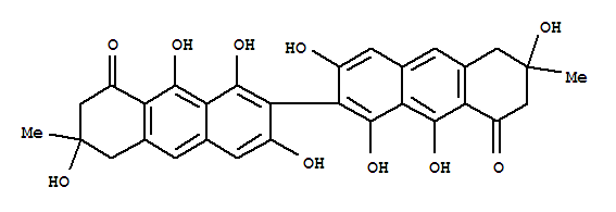 Molecular Structure of 19953-89-0 ([2,2'-Bianthracene]-8,8'(5H,5'H)-dione,6,6',7,7'-tetrahydro-1,1',3,3',6,6',9,9'-octahydroxy-6,6'-dimethyl-)