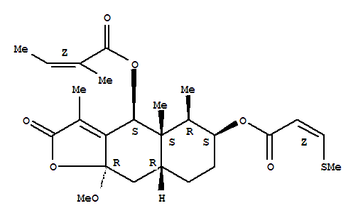 202916-91-4,2-Butenoic acid,2-methyl-,(4S,4aS,5R,6S,8aR,9aR)-2,4,4a,5,6,7,8,8a,9,9a-decahydro-9a-methoxy-3,4a,5-trimethyl-6-[[(2Z)-3-(methylthio)-1-oxo-2-propen-1-yl]oxy]-2-oxonaphtho[2,3-b]furan-4-ylester, (2Z)-,2-Butenoicacid, 2-methyl-,(4S,4aS,5R,6S,8aR,9aR)-2,4,4a,5,6,7,8,8a,9,9a-decahydro-9a-methoxy-3,4a,5-trimethyl-6-[[(2Z)-3-(methylthio)-1-oxo-2-propenyl]oxy]-2-oxonaphtho[2,3-b]furan-4-ylester, (2Z)- (9CI); 2-Butenoic acid, 2-methyl-,2,4,4a,5,6,7,8,8a,9,9a-decahydro-9a-methoxy-3,4a,5-trimethyl-6-[[3-(methylthio)-1-oxo-2-propenyl]oxy]-2-oxonaphtho[2,3-b]furan-4-ylester, [4S-[4a(Z),4aa,5a,6a(Z),8aa,9ab]]-; Eremopetasitenin C2