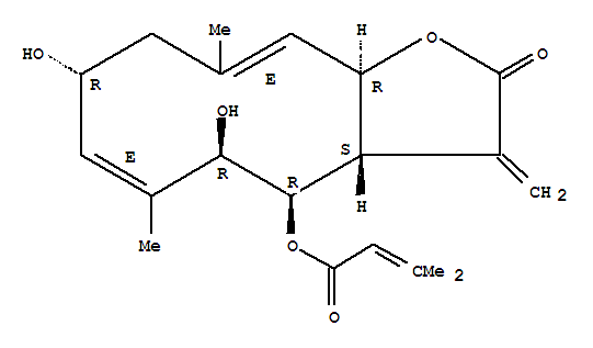 Molecular Structure of 102607-36-3 (2-Butenoic acid,3-methyl-,(3aS,4R,5R,6E,8R,10E,11aR)-2,3,3a,4,5,8,9,11a-octahydro-5,8-dihydroxy-6,10-dimethyl-3-methylene-2-oxocyclodeca[b]furan-4-ylester)
