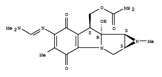 Molecular Structure of 105616-81-7 (Azirino[2',3':3,4]pyrrolo[1,2-a]indole-4,7-dione,8-[[(aminocarbonyl)oxy]methyl]-6-[[(dimethylamino)methylene]amino]-1,1a,2,8,8a,8b-hexahydro-8a-hydroxy-1,5-dimethyl-,[1aS-(1aa,8b,8aa,8ba)]- (9CI))