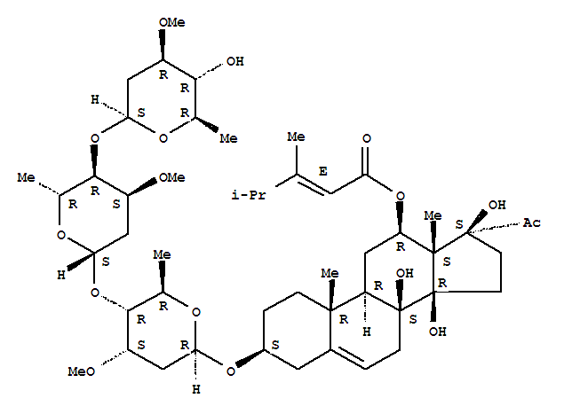 106758-54-7,Qingyangshengenin B,Pregn-5-en-20-one,3-[(O-2,6-dideoxy-3-O-methyl-b-D-arabino-hexopyranosyl-(1®4)-O-2,6-dideoxy-3-O-methyl-b-D-ribo-hexopyranosyl-(1®4)-2,6-dideoxy-3-O-methyl-b-D-ribo-hexopyranosyl)oxy]-12-[(3,4-dimethyl-1-oxo-2-pentenyl)oxy]-8,14,17-trihydroxy-,[3b,12b(E),14b,17a]-; Otophylloside B