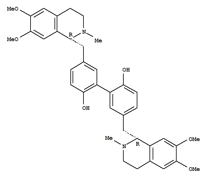 107882-06-4,[1,1'-Biphenyl]-2,2'-diol,5,5'-bis[[(1R)-1,2,3,4-tetrahydro-6,7-dimethoxy-2-methyl-1-isoquinolinyl]methyl]-,[1,1'-Biphenyl]-2,2'-diol,5,5'-bis[(1,2,3,4-tetrahydro-6,7-dimethoxy-2-methyl-1-isoquinolinyl)methyl]-,[R-(R*,R*)]-;(-)-Pisopowetine;Pisopowetine;