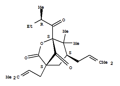 Molecular Structure of 114191-57-0 (6-Oxabicyclo[3.2.1]octane-7,8-dione,4,4-dimethyl-1,3-bis(3-methyl-2-buten-1-yl)-5-[(2R)-2-methyl-1-oxobutyl]-,(1S,3S,5S)-rel-(+)-)