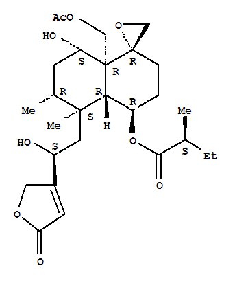 Molecular Structure of 121449-66-9 (Butanoic acid,2-methyl-,(1R,4R,4aR,5S,6R,8S,8aR)-8a-[(acetyloxy)methyl]-5-[(2S)-2-(2,5-dihydro-5-oxo-3-furanyl)-2-hydroxyethyl]octahydro-8-hydroxy-5,6-dimethylspiro[naphthalene-1(2H),2'-oxiran]-4-ylester, (2S)-)
