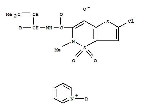 123252-99-3,1-(1-{[(E)-(6-chloro-2-methyl-1,1-dioxido-4-oxo-2H-thieno[2,3-e][1,2]thiazin-3(4H)-ylidene)(hydroxy)methyl]amino}-3-methylbut-2-en-1-yl)pyridinium,Pyridinium,1-[1-[[(6-chloro-4-hydroxy-2-methyl-1,1-dioxido-2H-thieno[2,3-e]-1,2-thiazin-3-yl)carbonyl]amino]-3-methyl-2-butenyl]-,inner salt (9CI); Pyridinium,1-[1-[[(6-chloro-4-hydroxy-2-methyl-2H-thieno[2,3-e]-1,2-thiazin-3-yl)carbonyl]amino]-3-methyl-2-butenyl]-,inner salt, S,S-dioxide; 2H-Thieno[2,3-e]-1,2-thiazine, pyridinium deriv.