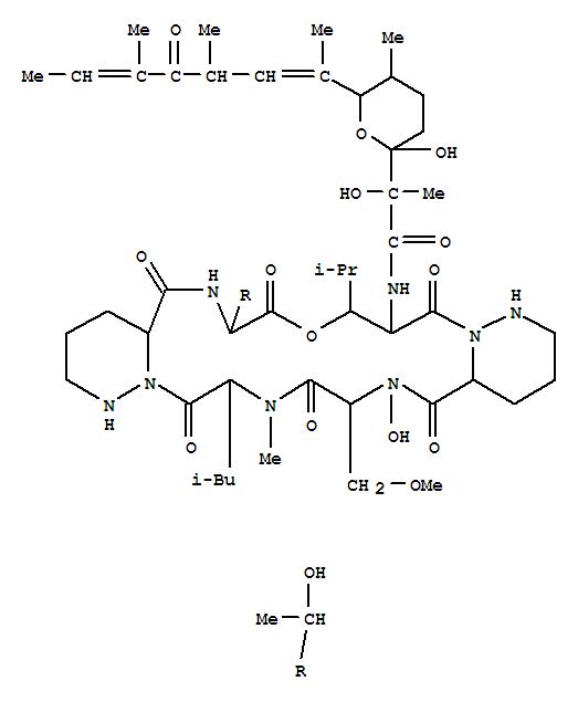 128554-13-2,citropeptin,Azinothricin,1-[erythro-3-hydroxy-N-[2-hydroxy-1-oxo-2-[tetrahydro-2-hydroxy-5-methyl-6-(1,3,5-trimethyl-4-oxo-1,5-heptadienyl)-2H-pyran-2-yl]propyl]-L-leucine]-4-(N-methyl-D-leucine)-,[2R-[2a,2(S*),5a,6b(1E,3S*,5E)]]-;13H,22H-Dipyridazino[6,1-f:6',1'-o][1,4,7,10,13,16]oxapentaazacyclononadecine,cyclic peptide deriv.; D-Threonine,erythro-3-hydroxy-N-[2-hydroxy-1-oxo-2-[tetrahydro-2-hydroxy-5-methyl-6-(1,3,5-trimethyl-4-oxo-1,5-heptadienyl)-2H-pyran-2-yl]propyl]-L-leucyl-D-hexahydro-3-pyridazinecarbonyl-N-hydroxy-O-methyl-L-seryl-N-methyl-D-leucyl-L-hexahydro-3-pyridazinecarbonyl-,r-lactone, [2R-[2a,2(S*),5a,6b(1E,3S*,5E)]]-; K 3619