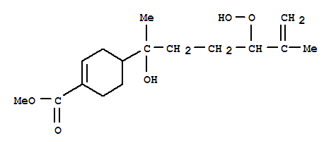 Molecular Structure of 135970-38-6 (1-Cyclohexene-1-carboxylicacid, 4-(4-hydroperoxy-1-hydroxy-1,5-dimethyl-5-hexenyl)-, methyl ester (9CI))