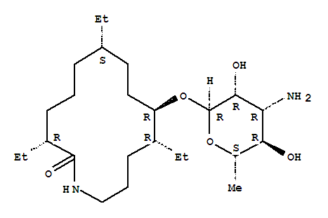 Molecular Structure of 137120-28-6 (Azacyclotetradecan-2-one,10-[(3-amino-3,6-dideoxy-a-L-mannopyranosyl)oxy]-3,7,11-triethyl-, (3R,7S,10R,11R)-)