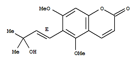137182-36-6,2H-1-Benzopyran-2-one,6-[(1E)-3-hydroxy-3-methyl-1-buten-1-yl]-5,7-dimethoxy-,2H-1-Benzopyran-2-one,6-(3-hydroxy-3-methyl-1-butenyl)-5,7-dimethoxy-, (E)-; 2H-1-Benzopyran-2-one,6-[(1E)-3-hydroxy-3-methyl-1-butenyl]-5,7-dimethoxy- (9CI); Toddalenol