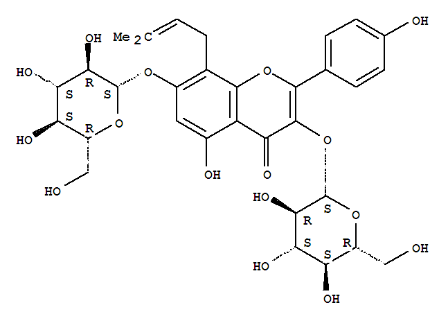 139955-75-2,4H-1-Benzopyran-4-one,3,7-bis(b-D-glucopyranosyloxy)-5-hydroxy-2-(4-hydroxyphenyl)-8-(3-methyl-2-buten-1-yl)-,4H-1-Benzopyran-4-one,3,7-bis(b-D-glucopyranosyloxy)-5-hydroxy-2-(4-hydroxyphenyl)-8-(3-methyl-2-butenyl)-(9CI); Hexandraside E