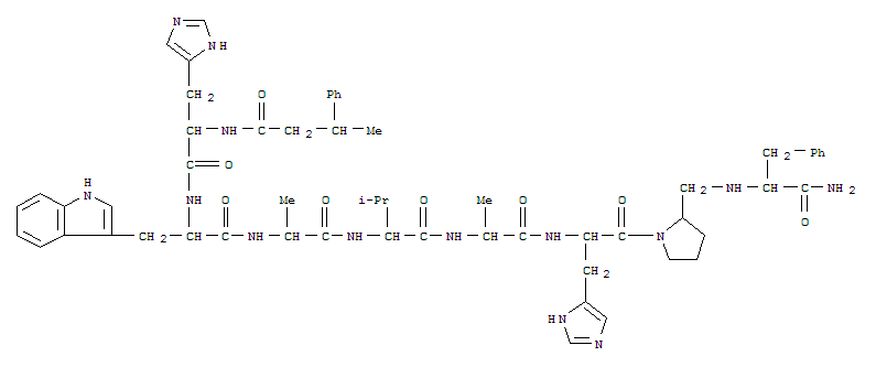 142082-79-9,D-Alaninamide,N-[(3S)-1-oxo-3-phenylbutyl]-L-histidyl-L-tryptophyl-L-alanyl-L-valyl-N-[(1S)-2-[(2R)-2-[[[(1S)-2-amino-2-oxo-1-(phenylmethyl)ethyl]amino]methyl]-1-pyrrolidinyl]-1-(1H-imidazol-4-ylmethyl)-2-oxoethyl]-(9CI),D-Alaninamide,N-(1-oxo-3-phenylbutyl)-L-histidyl-L-tryptophyl-L-alanyl-L-valyl-N-[2-[2-[[[2-amino-2-oxo-1-(phenylmethyl)ethyl]amino]methyl]-1-pyrrolidinyl]-1-(1H-imidazol-4-ylmethyl)-2-oxoethyl]-,[1(S),5[2R-[1(S*),2R*(S*)]]]-; BW 917U90