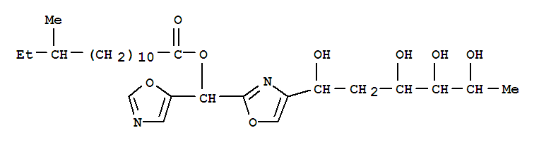 Molecular Structure of 147391-82-0 (L-arabino-Hexitol,1,5-dideoxy-6-C-[2-[[(12-methyl-1-oxotetradecyl)oxy]-5-oxazolylmethyl]-4-oxazolyl]-,(6R)- (9CI))