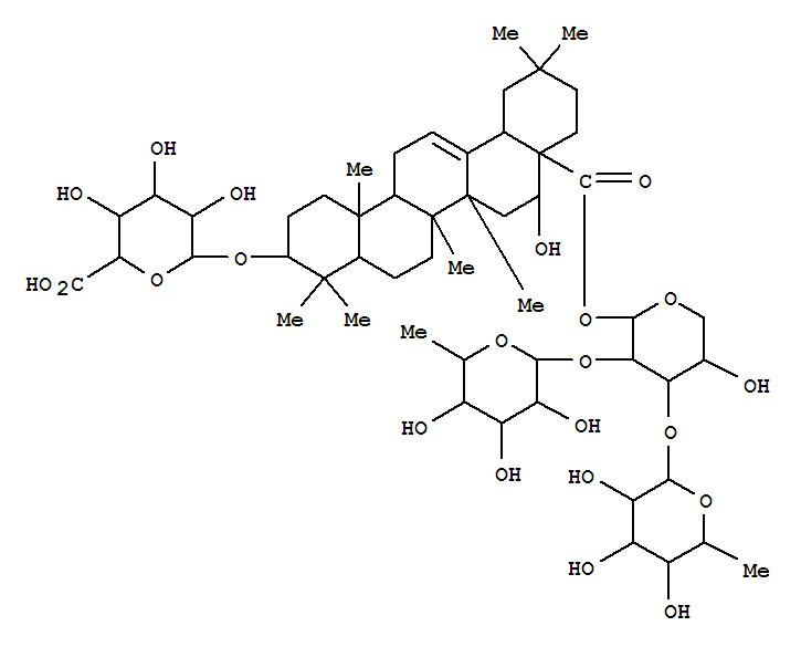 Molecular Structure of 150172-23-9 (b-D-Glucopyranosiduronic acid, (3b,16a)-28-[(O-6-deoxy-a-L-mannopyranosyl-(1®2)-O-[6-deoxy-a-L-mannopyranosyl-(1®3)]-b-D-xylopyranosyl)oxy]-16-hydroxy-28-oxoolean-12-en-3-yl (9CI))