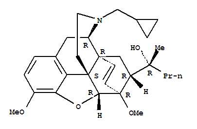 16549-37-4,6,14-Ethenomorphinan-7-methanol,17-(cyclopropylmethyl)-4,5-epoxy-3,6-dimethoxy-a-methyl-a-propyl-, (aR,5a,7a)- (9CI),6,14-Ethenomorphinan-7-methanol,17-(cyclopropylmethyl)-4,5-epoxy-3,6-dimethoxy-a-methyl-a-propyl-, [5a,7a(R)]-;6,14-endo-Ethenotetrahydrothebaine, 22-cyclopropyl-7a-(1-hydroxy-1-methylbutyl)- (8CI); RX 281M