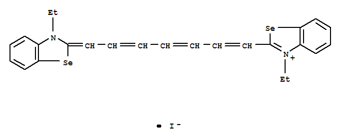 3443-85-4,Benzoselenazolium,3-ethyl-2-[7-(3-ethyl-2(3H)-benzoselenazolylidene)-1,3,5-heptatrienyl]-, iodide(9CI),3-Ethyl-2-[7-(3-ethyl-2-benzoselenazolinylidene)-1,3,5-heptatrienyl]benzoselenazoliumiodide (7CI); Benzoselenazolium,3-ethyl-2-[7-(3-ethyl-2-benzoselenazolinylidene)-1,3,5-heptatrienyl]-, iodide(8CI); 3,3'-Diethyl-2,2'-selenatricarbocyanine iodide;3,3'-Diethyl-2,2'-selnatricarbocyanine iodide; NK 747