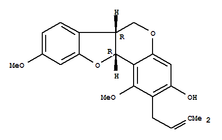 37706-55-1,(6aR)-6aα,11aα-Dihydro-1,9-dimethoxy-2-(3-methyl-2-butenyl)-6H-benzofuro[3,2-c][1]benzopyran-3-ol,6H-Benzofuro[3,2-c][1]benzopyran-3-ol,6a,11a-dihydro-1,9-dimethoxy-2-(3-methyl-2-butenyl)-, (6aR,11aR)- (9CI);6H-Benzofuro[3,2-c][1]benzopyran-3-ol,6a,11a-dihydro-1,9-dimethoxy-2-(3-methyl-2-butenyl)-, (6aR-cis)-; Edulenol