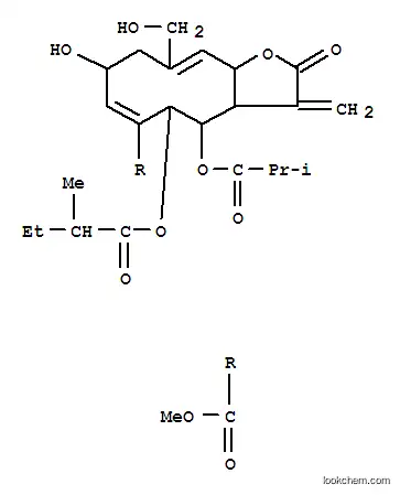Molecular Structure of 89900-55-0 (Cyclodeca[b]furan-6-carboxylicacid,2,3,3a,4,5,8,9,11a-octahydro-8-hydroxy-10-(hydroxymethyl)-3-methylene-5-(2-methyl-1-oxobutoxy)-4-(2-methyl-1-oxopropoxy)-2-oxo-,methyl ester (9CI))