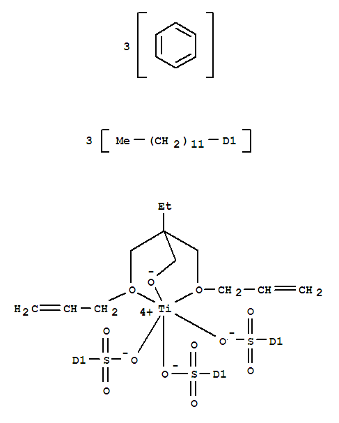 103406-74-2,Titanium, 2,2-bis(2-propenyloxy-.kappa.O)methyl-1-butanolato-.kappa.Otris(dodecylbenzenesulfonato-.kappa.O)-,Titanium,[2,2-bis[(2-propenyloxy)methyl]-1-butanolato-O,O',O'']tris(dodecylbenzenesulfonato-O)-;1-Butanol, 2,2-bis[(2-propenyloxy)methyl]-, titanium complex; Benzenesulfonicacid, dodecyl-, titanium complex; Ken-React LICA 09; LICA 09;[2,2-Bis[(2-propenyloxy)methyl]-1-butanolato-O,O',O'']tris(dodecylbenzenesulfonato-O)-titanium