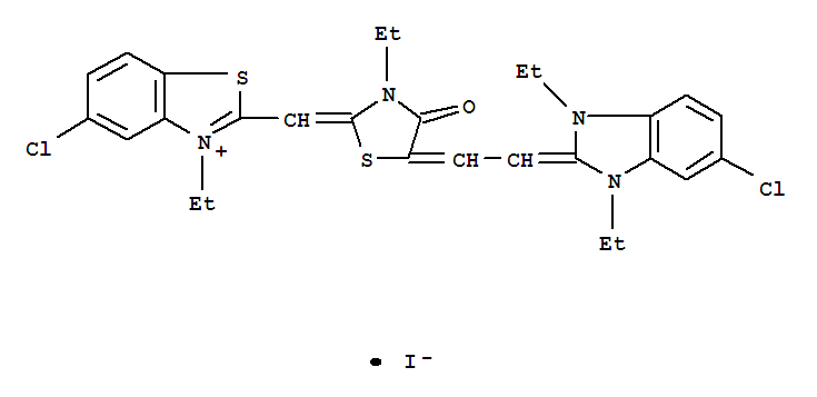 106068-87-5,Benzothiazolium, 5-chloro-2-[[5-[(5-chloro- 1,3-diethyl-1,3-dihydro-2H-benzimidazol-2-ylidene )ethylidene]-3-ethyl-4-oxo-2-thiazolidinylidene]methy l]-3-ethyl-, iodide,5-Chloro-2-[[5-[(5-chloro-1,3-diethyl-2-benzimidazolinylidene)ethylidene]-3-ethyl-4-oxo-2-thiazolidinylidene]methyl]-3-ethylbenzothiazoliumiodide (7CI);5-Chloro-2-[[5-[2-(5-chloro-1,3-diethyl-2-benzimidazolinylidene)ethylidene]-3-ethyl-4-oxo-2-thiazolidinylidene]methyl]-3-ethylbenzothiazoliumiodide (6CI); Benzothiazolium,5-chloro-2-[[5-[(5-chloro-1,3-diethyl-1,3-dihydro-2H-benzimidazol-2-ylidene)ethylidene]-3-ethyl-4-oxo-2-thiazolidinylidene]methyl]-3-ethyl-,iodide (9CI)