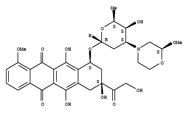 108852-90-0,5,12-Naphthacenedione,7,8,9,10-tetrahydro-6,8,11-trihydroxy-8-(2-hydroxyacetyl)-1-methoxy-10-[[2,3,6-trideoxy-3-[(2S)-2-methoxy-4-morpholinyl]-a-L-lyxo-hexopyranosyl]oxy]-, (8S,10S)-,5,12-Naphthacenedione,7,8,9,10-tetrahydro-6,8,11-trihydroxy-8-(hydroxyacetyl)-1-methoxy-10-[[2,3,6-trideoxy-3-(2-methoxy-4-morpholinyl)-a-L-lyxo-hexopyranosyl]oxy]-,[8S-[8a,10a(R*)]]-; 5,12-Naphthacenedione, 7,8,9,10-tetrahydro-6,8,11-trihydroxy-8-(hydroxyacetyl)-1-methoxy-10-[[2,3,6-trideoxy-3-[(2S)-2-methoxy-4-morpholinyl]-a-L-lyxo-hexopyranosyl]oxy]-,(8S,10S)- (9CI);(1S,3S)-3-Glycoloyl-1,2,3,4,6,11-hexahydro-3,5,12-trihydroxy-10-methoxy-6,11-dioxo-1-naphthacenyl2,3,6-trideoxy-3-[(S)-2-methoxymorpholino]-a-L-lyxo-hexopyranoside; DMM Dox; FCE 23762; MMRDX;Methoxymorpholinyldoxorubicin; Nemorubicin; PNU 152243