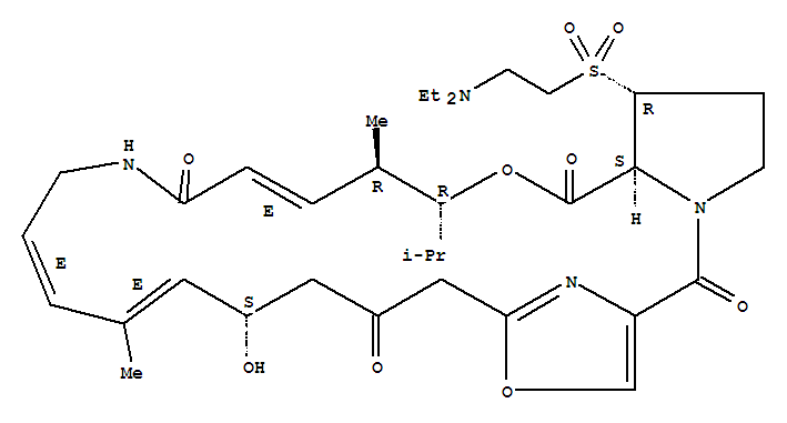 Molecular Structure of 112362-50-2 (3H-21,18-Nitrilo-1H,22H-pyrrolo[2,1-c][1,8,4,19]dioxadiazacyclotetracosine-1,7,16,22(4H,17H)-tetrone,26-[[2-(diethylamino)ethyl]sulfonyl]-8,9,14,15,24,25,26,26a-octahydro-14-hydroxy-4,12-dimethyl-3-(1-methylethyl)-,(3R,4R,5E,10E,12E,14S,26R,26aS)-)