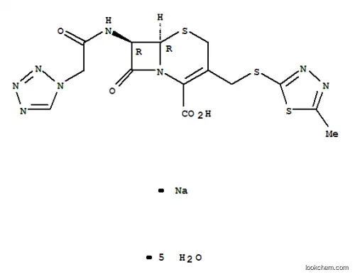 Molecular Structure of 115850-11-8 (sodium (6R,7R)-3-[(5-methyl-1,3,4-thiadiazol-2-yl)sulfanylmethyl]-8-oxo-7-[[2-(tetrazol-1-yl)acetyl]amino]-5-thia-1-azabicyclo[4.2.0]oct-2-ene-2-carboxylate pentahydrate)
