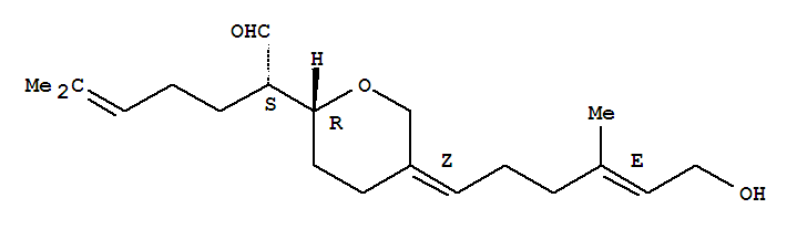 Molecular Structure of 117232-53-8 (2H-Pyran-2-acetaldehyde,tetrahydro-5-[(4E)-6-hydroxy-4-methyl-4-hexen-1-ylidene]-a-(4-methyl-3-penten-1-yl)-, (aS,2R,5Z)-)