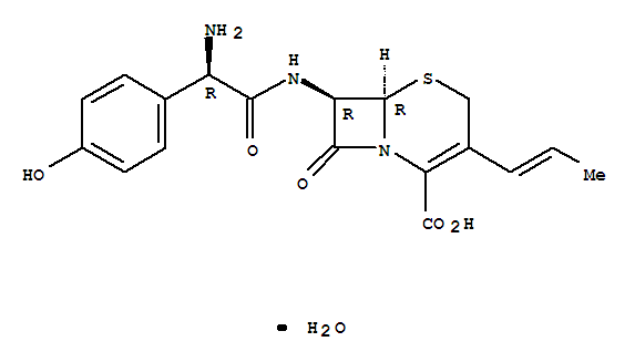 Molecular Structure of 121123-17-9 (5-Thia-1-azabicyclo[4.2.0]oct-2-ene-2-carboxylicacid,7-[[(2R)-2-amino-2-(4-hydroxyphenyl)acetyl]amino]-8-oxo-3-(1-propen-1-yl)-,hydrate (1:1), (6R,7R)-)
