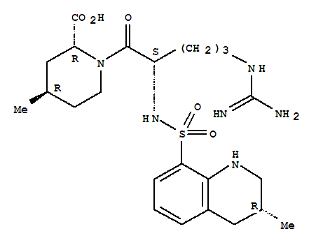 Molecular Structure of 121785-71-5 (2-Piperidinecarboxylicacid,1-[(2S)-5-[(aminoiminomethyl)amino]-1-oxo-2-[[[(3R)-1,2,3,4-tetrahydro-3-methyl-8-quinolinyl]sulfonyl]amino]pentyl]-4-methyl-,(2R,4R)-)