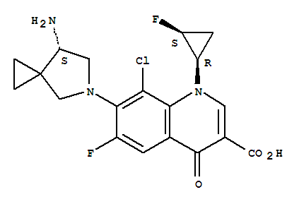 Molecular Structure of 127254-12-0 (3-Quinolinecarboxylicacid,7-[(7S)-7-amino-5-azaspiro[2.4]hept-5-yl]-8-chloro-6-fluoro-1-[(1R,2S)-2-fluorocyclopropyl]-1,4-dihydro-4-oxo-)