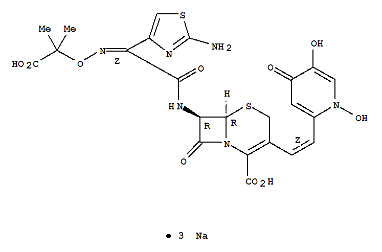132182-69-5,trisodium 7-{[(2E)-2-(2-amino-1,3-thiazol-4-yl)-2-{[(2-carboxylatopropan-2-yl)oxy]imino}acetyl]amino}-3-[(E)-2-(1-hydroxy-5-oxido-4-oxo-1,4-dihydropyridin-2-yl)ethenyl]-8-oxo-5-thia-1-azabicyclo[4.2.0]oct-2-ene-2-carboxylate,