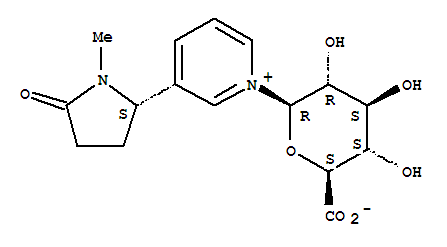 139427-57-9,Cotinine-glucuronide,cotinine-glucuronide;Cotinine-N-glucuronide;Cotinine N-glucuronide;Cotinine N-|A-D-Glucuronide;Cotinine glucuronide;Cotinine N- beta -D-Glucuronide;CHEBI:145221;AKOS025394356;3,4,5-trihydroxy-6-[3-(1-methyl-5-oxopyrrolidin-2-yl)pyridin-1-ium-1-yl]oxane-2-carboxylate;FT-0665191;1-b-D-glucopyranuronosyl-3-(1-methyl-5-oxo-2-pyrrolidinyl)- Pyridinium;1-beta-delta-glucopyranuronosyl-3-(1-methyl-5-oxo-2-pyrrolidinyl)- Pyridinium