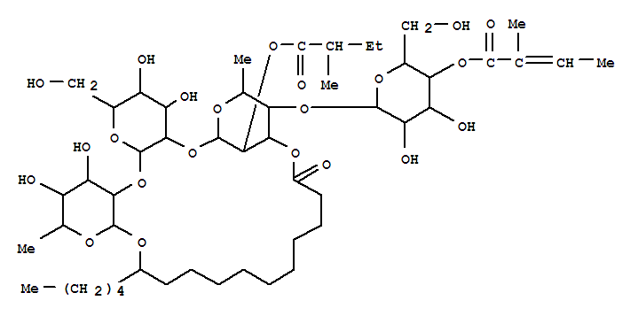 145042-06-4,scammonin VIII,Hexadecanoicacid, 11-[[O-(E)-4-O-(2-methyl-1-oxo-2-butenyl)-b-D-glucopyranosyl-(1®4)-O-(S)-6-deoxy-2-O-(2-methyl-1-oxobutyl)-a-L-mannopyranosyl-(1®2)-O-b-D-glucopyranosyl-(1®2)-6-deoxy-b-D-glucopyranosyl]oxy]-, intramol. 1,3'''-ester, (S)-;6,10-Methano-2H,8H,12H,25H-dipyrano[3,2-d:3',2'-g][1,3,6,9,21]pentaoxacyclotetracosin,hexadecanoic acid deriv.; Scammonin VIII