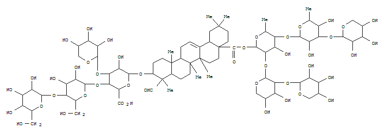 Molecular Structure of 15588-68-8 (D-Glucopyranosiduronicacid, (3b,4a)-23,28-dioxo-28-[(O-D-xylopyranosyl-(1®3)-O-6-deoxy-D-galactopyranosyl-(1®4)-O-[O-D-xylopyranosyl-(1®3)-D-xylopyranosyl-(1®2)]-6-deoxy-L-mannopyranosyl)oxy]olean-12-en-3-ylO-L-arabinopyranosyl-(1®3)-O-[O-D-galactopyranosyl-(1®4)-D-glucopyranosyl-(1®4)]- (9CI))