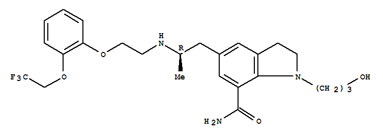 Molecular Structure of 160970-54-7 (1H-Indole-7-carboxamide,2,3-dihydro-1-(3-hydroxypropyl)-5-[(2R)-2-[[2-[2-(2,2,2-trifluoroethoxy)phenoxy]ethyl]amino]propyl]-)