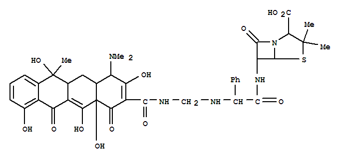 16259-34-0,penimocycline,4-Thia-1-azabicyclo[3.2.0]heptane-2-carboxylicacid,6-[2-[[[4-(dimethylamino)-1,4,4a,5,5a,6,11,12a-octahydro-3,6,10,12,12a-pentahydroxy-6-methyl-1,11-dioxo-2-naphthacenecarboxamido]methyl]amino]-2-phenylacetamido]-3,3-dimethyl-7-oxo-,D-(-)- (8CI); 4-Thia-1-azabicyclo[3.2.0]heptane-2-carboxylic acid,6-[[(2R)-[[[[[(4S,4aS,5aS,6S,12aS)-4-(dimethylamino)-1,4,4a,5,5a,6,11,12a-octahydro-3,6,10,12,12a-pentahydroxy-6-methyl-1,11-dioxo-2-naphthacenyl]carbonyl]amino]methyl]amino]phenylacetyl]amino]-3,3-dimethyl-7-oxo-,(2S,5R,6R)- (9CI); 4-Thia-1-azabicyclo[3.2.0]heptane-2-carboxylic acid,6-[[[[[[[4-(dimethylamino)-1,4,4a,5,5a,6,11,12a-octahydro-3,6,10,12,12a-pentahydroxy-6-methyl-1,11-dioxo-2-naphthacenyl]carbonyl]amino]methyl]amino]phenylacetyl]amino]-3,3-dimethyl-7-oxo-,[4S-[2[S*(2R*,5S*,6S*)],4a,4aa,5aa,6b,12aa]]-; Penimocycline