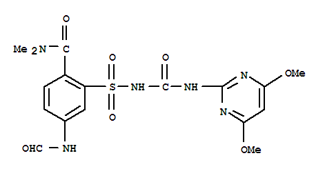 Molecular Structure of 173159-57-4 (Benzamide,2-[[[[(4,6-dimethoxy-2-pyrimidinyl)amino]carbonyl]amino]sulfonyl]-4-(formylamino)-N,N-dimethyl-)